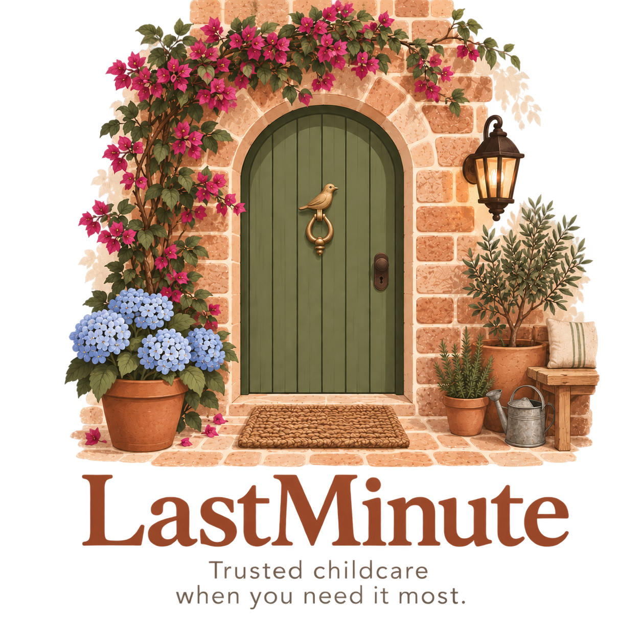 An olive-green doorway with a gold bird knocker and flowers. LastMinute — Trusted childcare when you need it most.